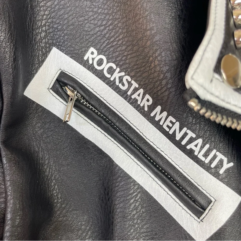 Azalea Wang Studded Black and White Graffiti Faux Leather Moto Jacket (1x) - Picture 9 of 16